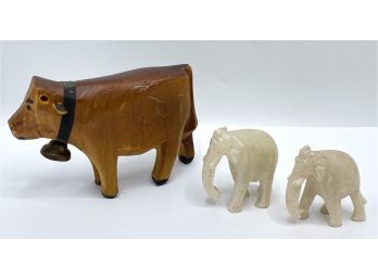 Hand Carved Wood Cow & 2 Hand Carved Stone Elephants Bought In Kenya