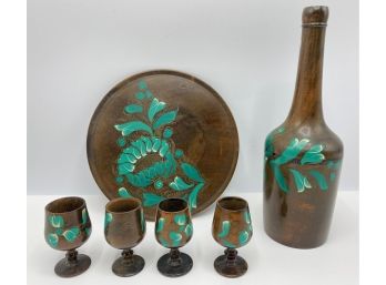 Vintage Carved Wood Decanter, Cups & Serving Plate