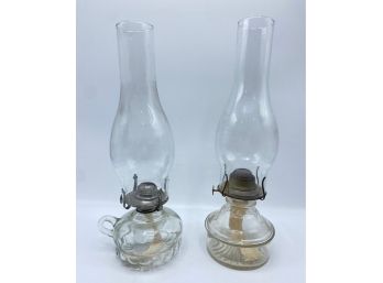 2 Vintage Glass Oil Lamps With Hurricane Shades
