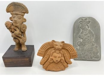 Vintage Clay Figurines From Mexico & Belize & Carved Stone Wall Plaque