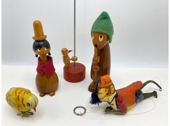 Vintage Whimsical Toys: Kinetic Woodpecker, 2 Wood Dolls & Metal Amimals Including Line Mar Toys Monkey