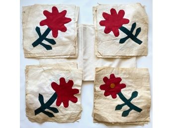 28 Vintage Hand Made Appliqued Quilt Squares With Flowers & Muslin Remnant