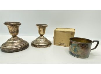 Vintage Set Of Reinforced Sterling Candlesticks & Nursery Sliver Plate Cup In Original Box