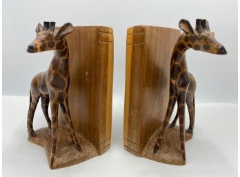 Vintage Hand Carved Wood Giraffe Bookends, Kenya