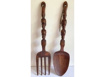 Oversized Two Foot Hand Carved Fork & Spoon Bought In Africa