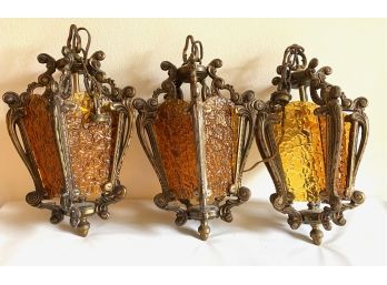 3 Vintage Pendant Light Chandeliers With Amber Glass Panes