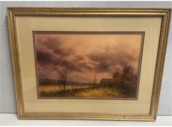 Watercolor By Listed Ct Artist Bill Ely . Title, Nov.Afternoon 1985 Sunset Farm Scene .