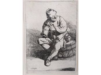 Cornelis Bega 'The Drinker' Etching With Associated American Artists Label