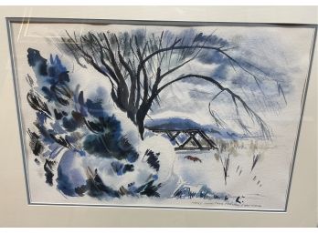 Listed  Vermont Artist Arthur Healy1902-1978 Watercolor ,Heavy Snow  Tree Trestle  Red Horse .