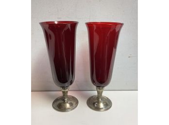 Gorgeous Pr Of GORHAM Sterling And Cranberry Hurricane Vases