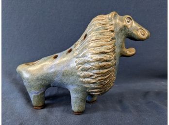 Lion Shaped Pottery Instrument / Whistle / Flute Signed On Belly