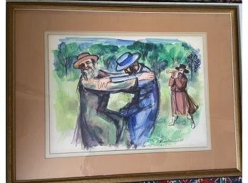 Judaica Watercolor Of Rabbis Dancing  By Listed Artist  Ervin Nussbaum