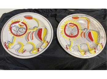 MCM 1965 Pr Of Italian Hand Painted Lions On  Platters  By Italian Artist Desimone .