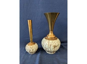Pair Of Handpainted Delft's Holland Pottery And Brass Vase