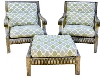Pair Of Smith & Hawkins Weathered Teak Armchairs And Ottoman With Custom Sunbrella Cushions And Extra Fabric