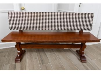 Trestle Style Wood Bench With Pierre Deux Upholstered Back
