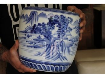 LARGE Hand Painted BLUE AND WHITE Asian Planter - No Chips Or Cracks