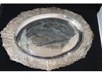 Very Ornate Silver Plate Serving Platter Tray - 19 Inches Long - Has Wear, Very Decorative