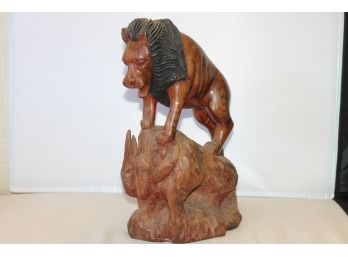 African Lion On The Hunt Carved Wood Figure From Cameroon