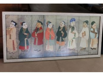 Unusual Framed Asian Costumed Characters Artwork - Painted Fabric Collage In Heavy Wood Frame - Some Staining