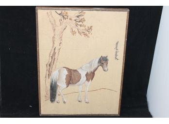 Original Painting On Board Of Horse With Asian Characters