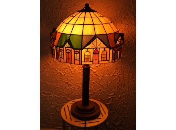 Tiffany Style Stained Glass Village Scene Lamp HEAVY