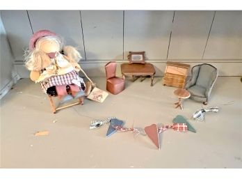 Must Have Vintage Strombecker Playthings Walnut Dollhouse Furniture & 1986-Lizzie High Doll With Chair