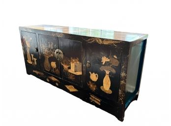 Vintage Possibly Antique Chinese Lacquered Sideboard With Chinoiserie Motifs