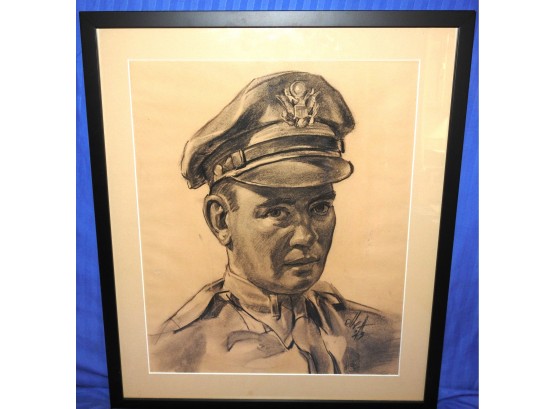 WW2 Chalk Drawing  Of Military Man Signed By Artist Dated 1943 20 X 24 Frame