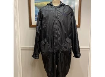 A Long Black Hooded Rain Jacket With Scuba.com Logo