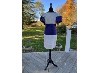 A Linen Vintage Blue And White Color Blocked Dress With Deep V Back
