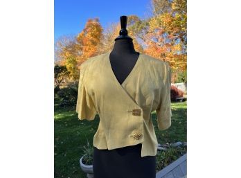 A Vintage 80s Linen Double Breasted V Neck Blouse With Gold Tone Buttons - Sz 8