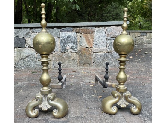 Antique Pair Of Brass Andirons