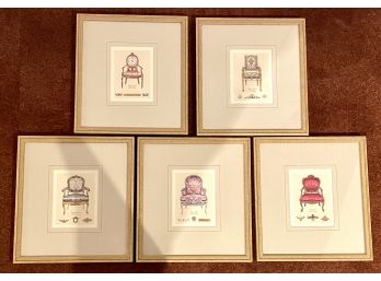 5 Framed And Matted Prints Of Empire, Baroque And Chippendale Chairs