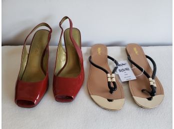 Pair Of Red Unisa Opentoed Heels And Mossimo Flip-flops Both Size 6