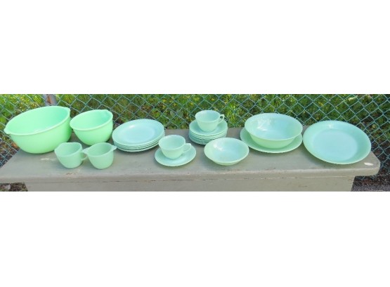 23 Piece  Of Green Jadeite Glass - Mostly Fireking Oven Ware