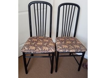Set Of 2 Matching Armless Dining Chairs In Black Wood And Jungle Fabric (Lot 010)