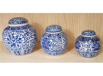 Trio Of Blue And White Porcelain Canister Jars In Descending Sizes (Lot 138)