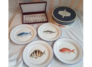 NEW IN BOX: Porcelain Seafood Dinner Set From Williams Sonoma: La Mer Plates Plus Utensils (Lot 064)