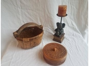 India Themed Items: Chipati Bread Holder. Elephant Candle Holder. Grass Basket (Lot 047)