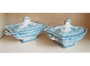 Pair Of Matching Antique Green And White China Serving Dishes Tureens From England (Lot 130)