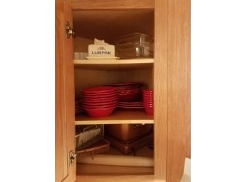 Kitchen Cabinet LOT #4: Red Plastic Dinnerware. Copper Bakeware. Etc. (Lot 120)