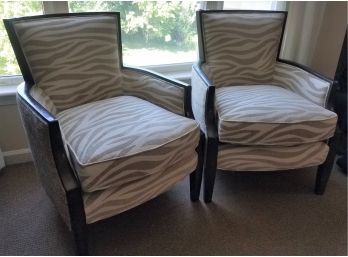 Set Of 2 Matching Nadia Accent Club Chairs In Camel By Haverty With Brown Zebra Pattern (Lot 014)