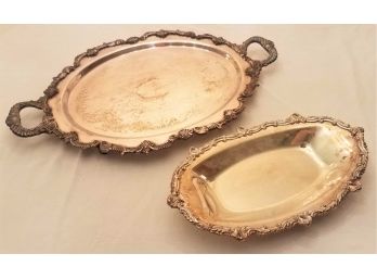 Pair Of Heavy Silver Ornate Serving Items: 1 Tray And 1 Long Bowl (Lot 147)
