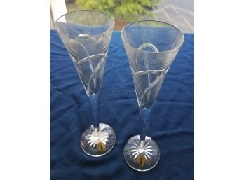 NEW: Pair Of Waterford Wishes Love & Romance Pattern Crystal Champagne Flutes W/ Interlocking Hearts (Lot 161)