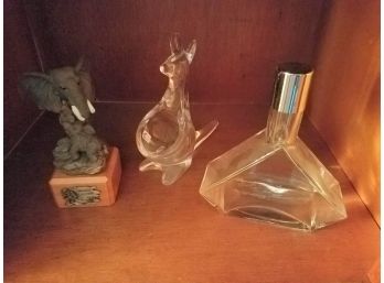 SHELF LOT: 3-pieces Of Decor: Elephant Family. Glass Kangaroo. Glass Edged Jar (Lot 111)