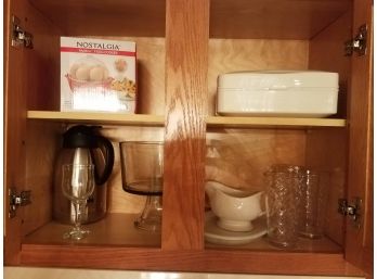 Kitchen Cabinet LOT #3: Glass Dessert Stand. Glasses. 7-egg Cooker. Thermos Pitcher. Etc. (Lot 119)