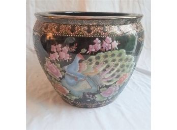 Large Pot / Planter With Painted Peacock And Raised Dot Texture (Lot 041)