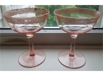 Pair Of Pink Wedding Champagne Or Sherbet Glasses With Gold Fillagree Rims (Lot 023)