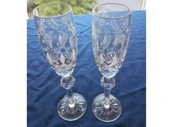 Pair Of Glass Or Crystal Champagne Flutes With Floral Etchings (Lot 159)